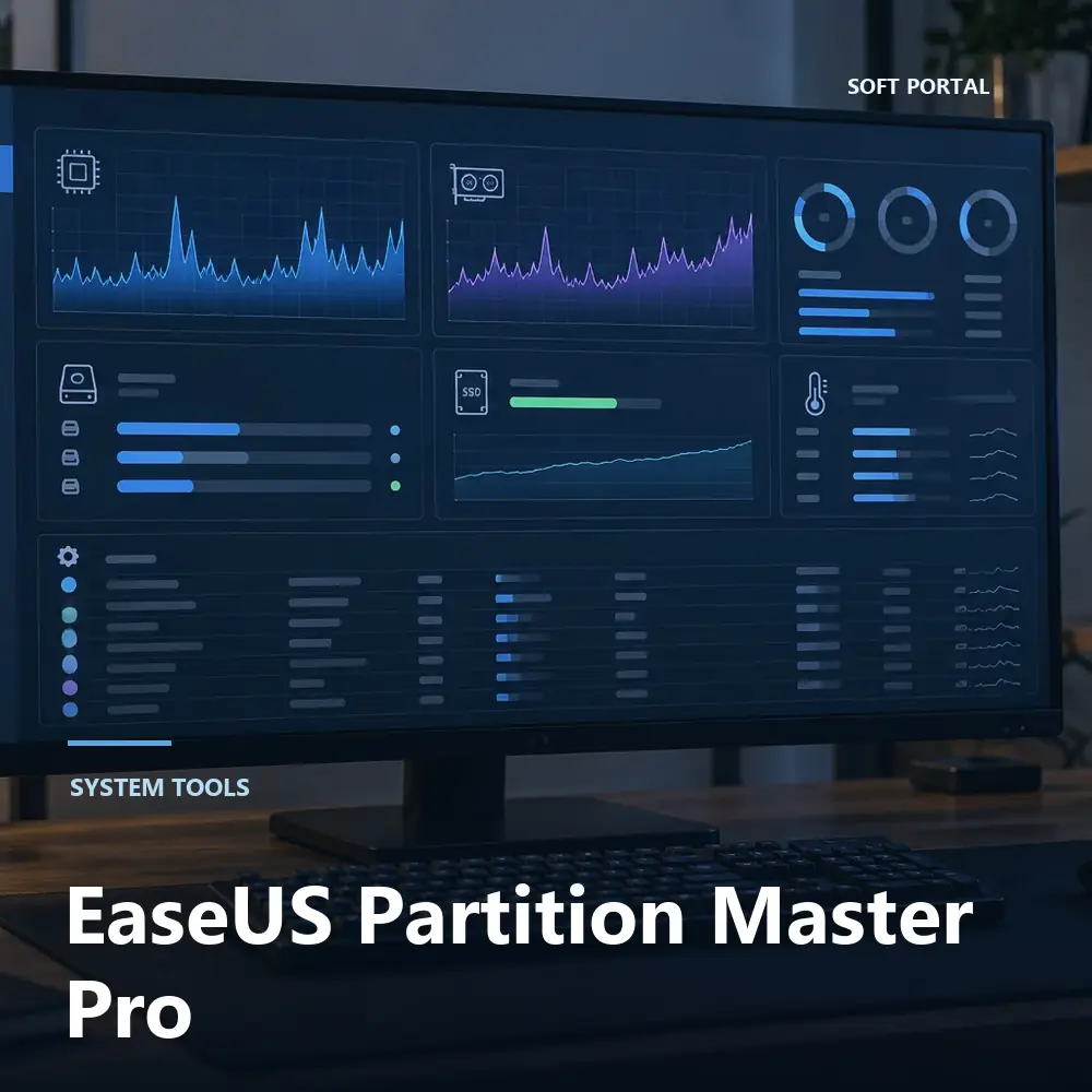 Editorial artwork for EaseUS Partition Master Pro in a Windows workspace