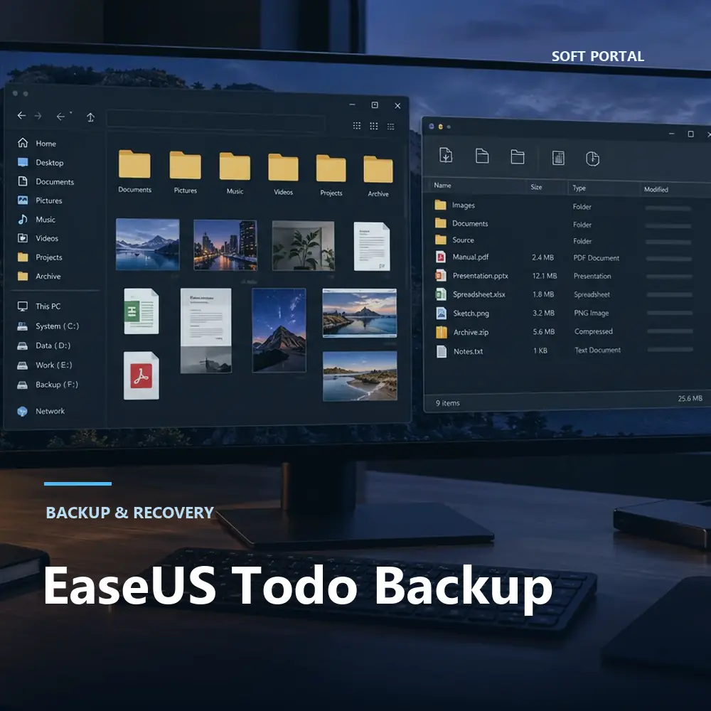 Editorial artwork for EaseUS Todo Backup in a Windows workspace