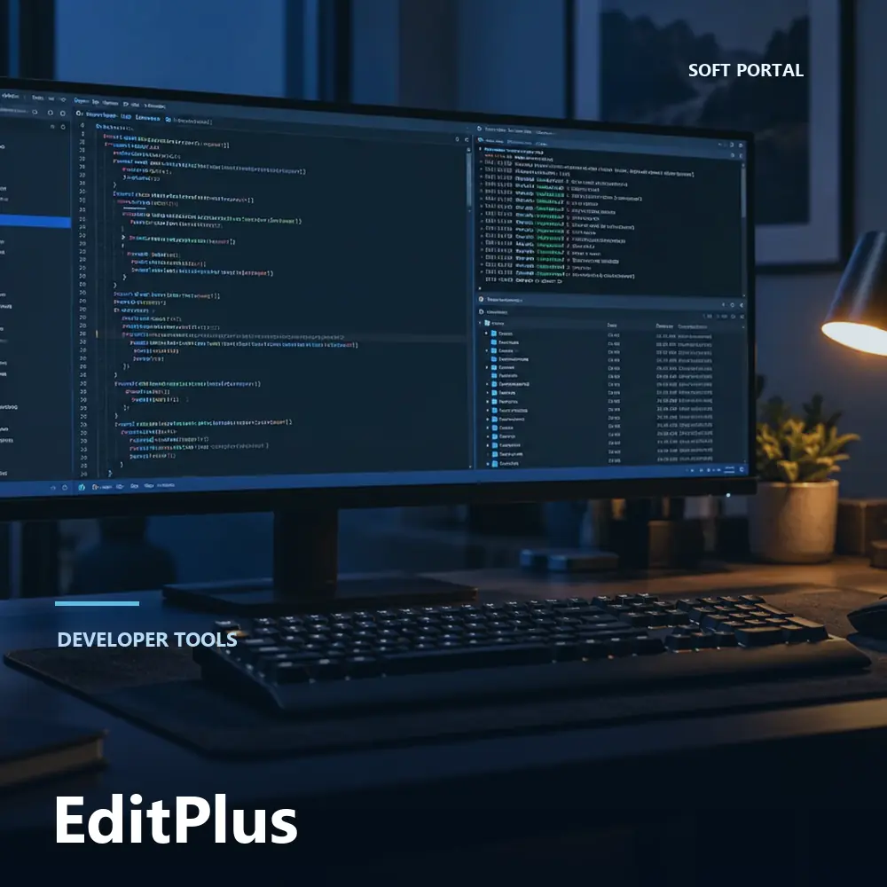 Editorial artwork for EditPlus in a Windows workspace