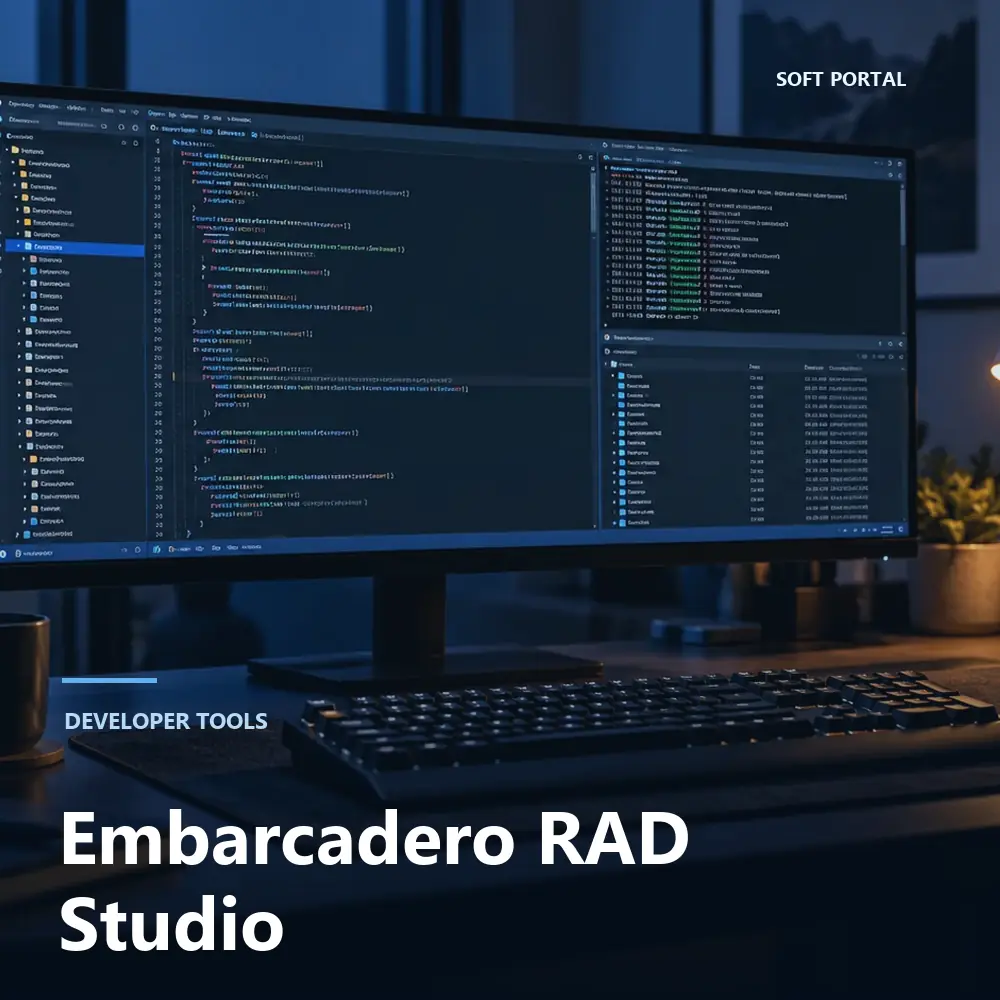 Editorial artwork for Embarcadero RAD Studio in a Windows workspace