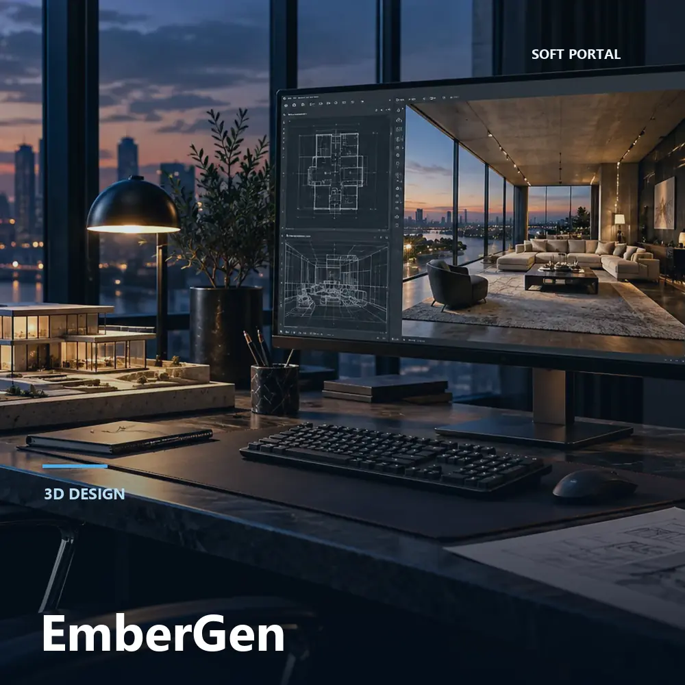 Editorial artwork for EmberGen in a Windows workspace