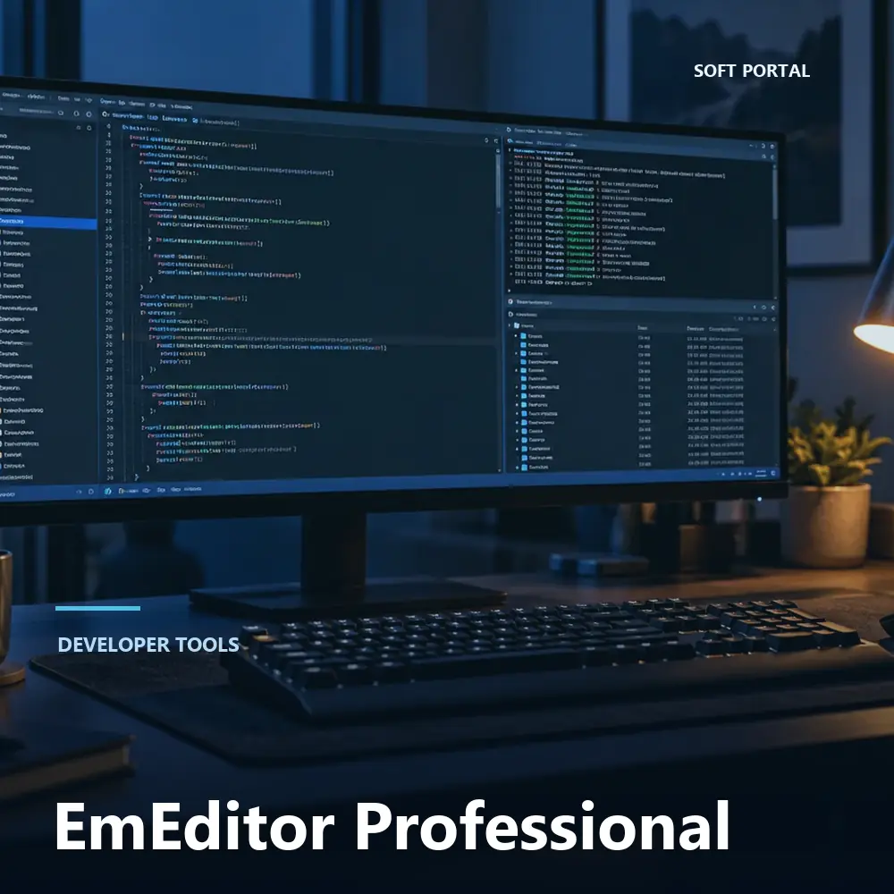 Editorial artwork for EmEditor Professional in a Windows workspace