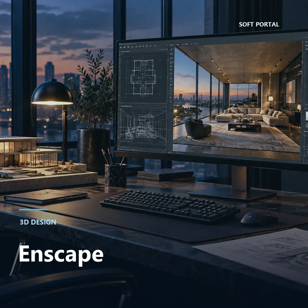 Editorial artwork for Enscape in a Windows workspace