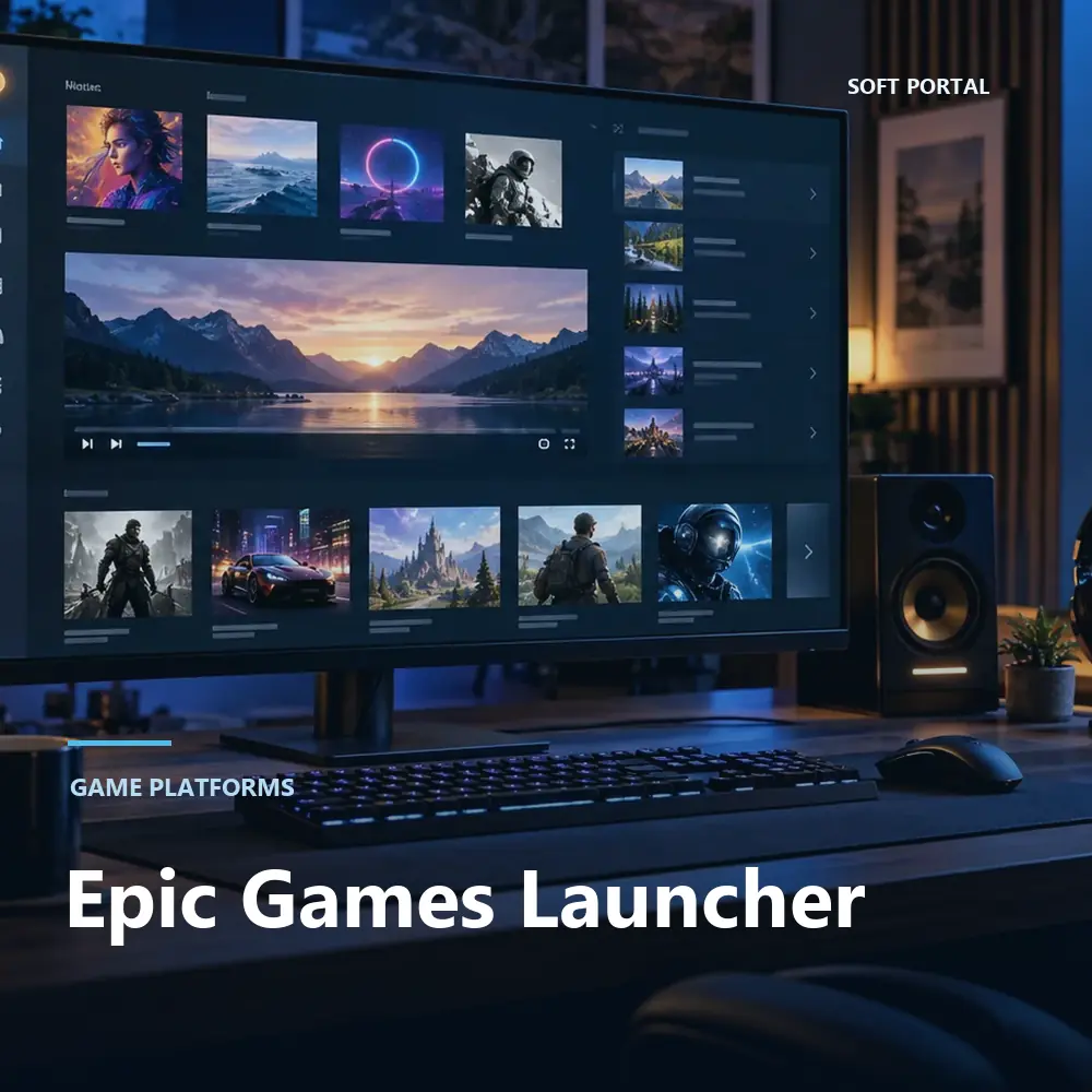 Editorial artwork for Epic Games Launcher in a Windows workspace