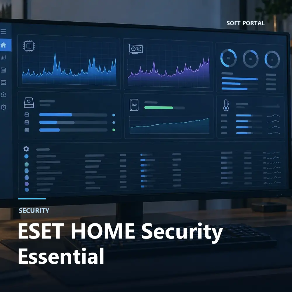 Editorial artwork for ESET HOME Security Essential in a Windows workspace