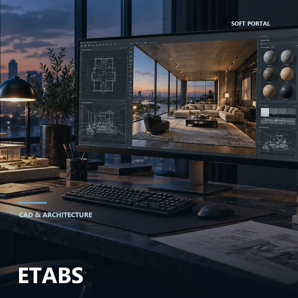 Editorial artwork for ETABS in a Windows workspace