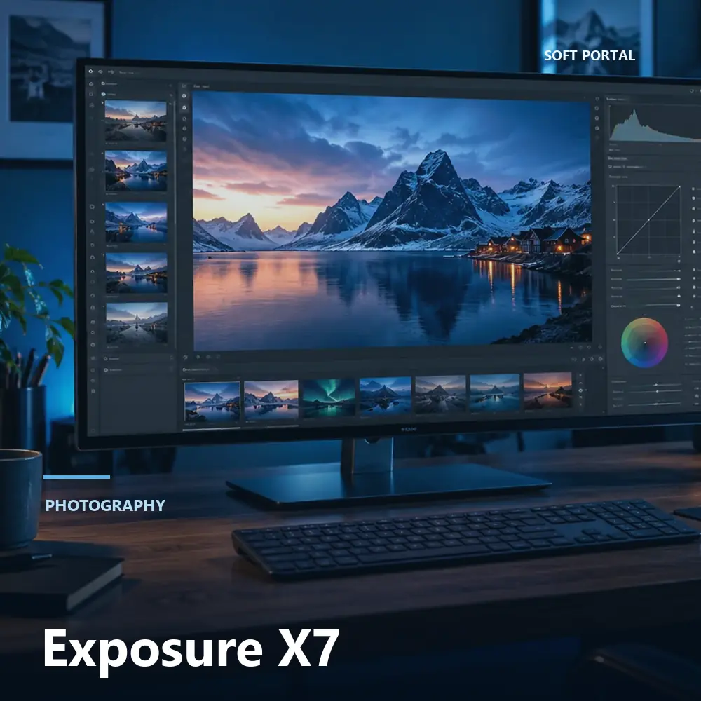 Editorial artwork for Exposure X7 in a Windows workspace