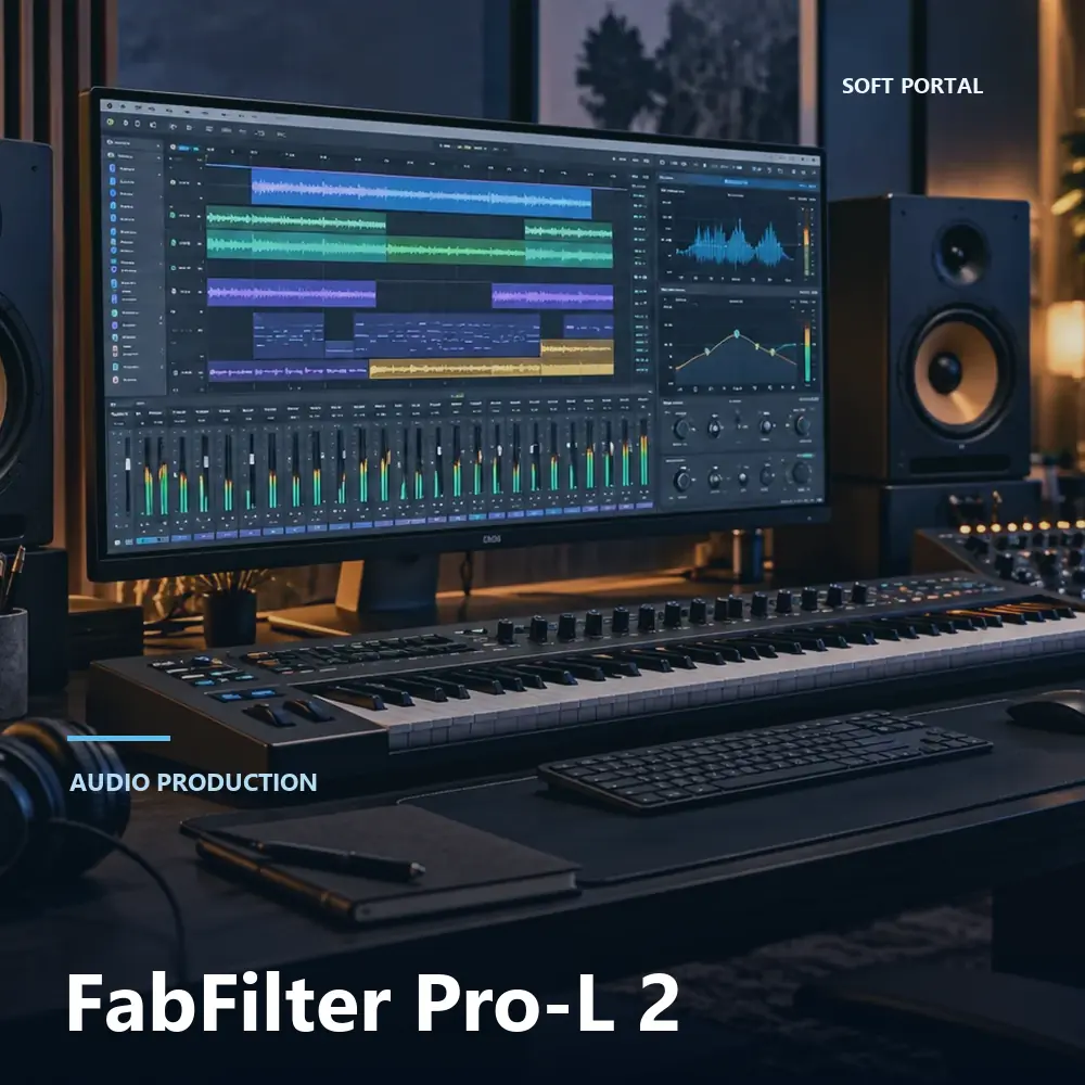 Editorial artwork for FabFilter Pro-L 2 in a Windows workspace