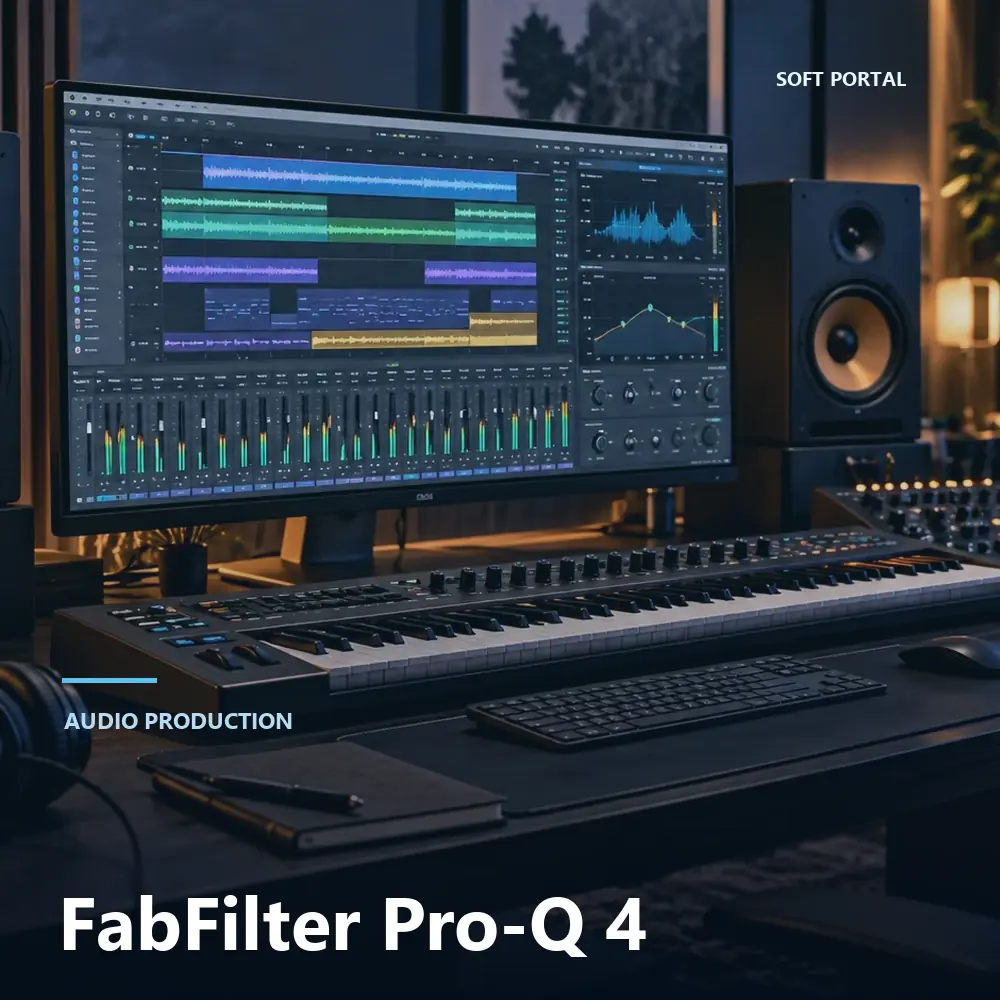 Editorial artwork for FabFilter Pro-Q 4 in a Windows workspace