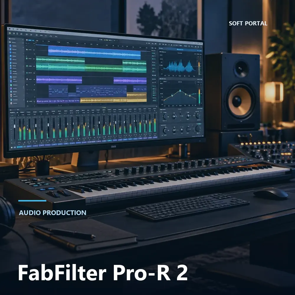 Editorial artwork for FabFilter Pro-R 2 in a Windows workspace