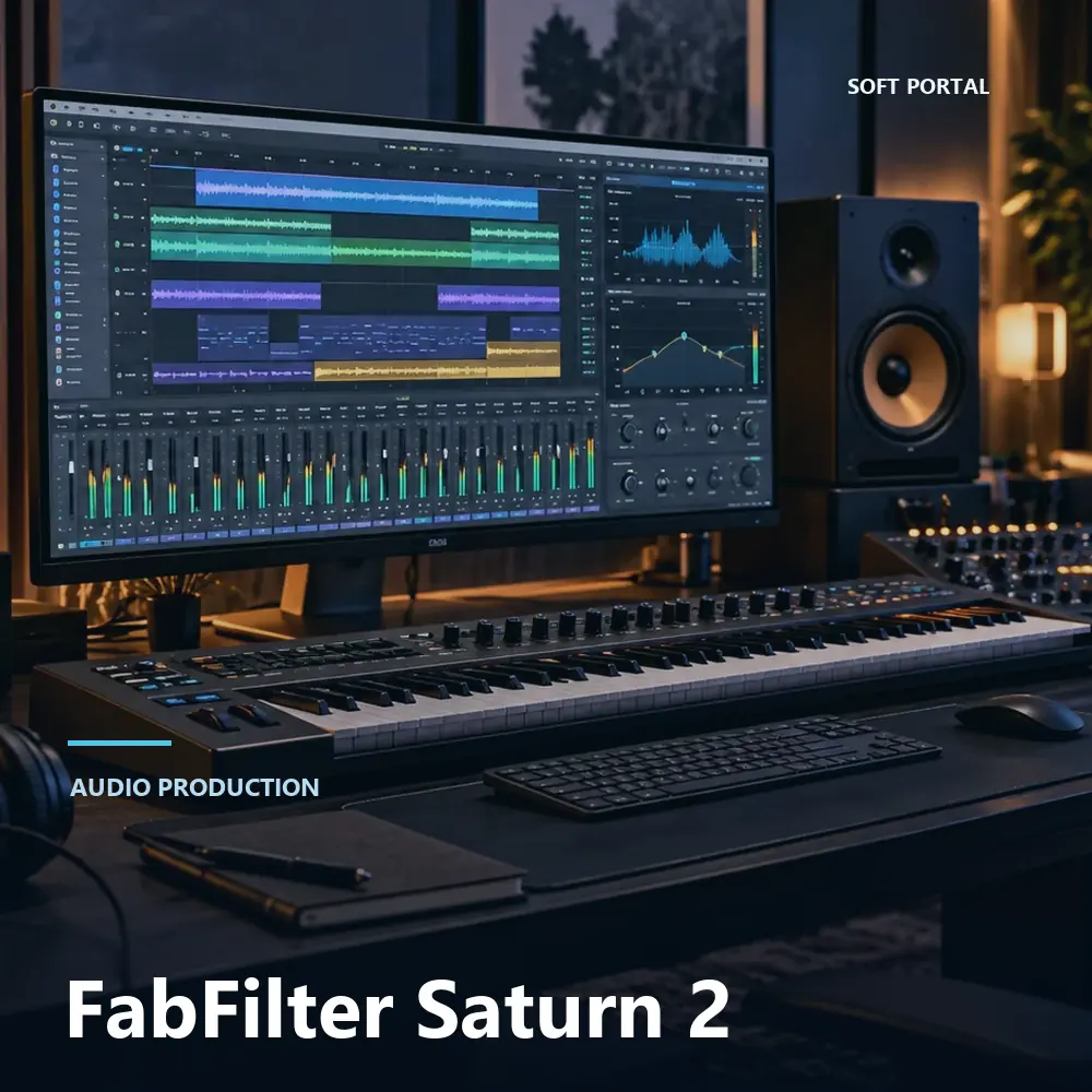 Editorial artwork for FabFilter Saturn 2 in a Windows workspace