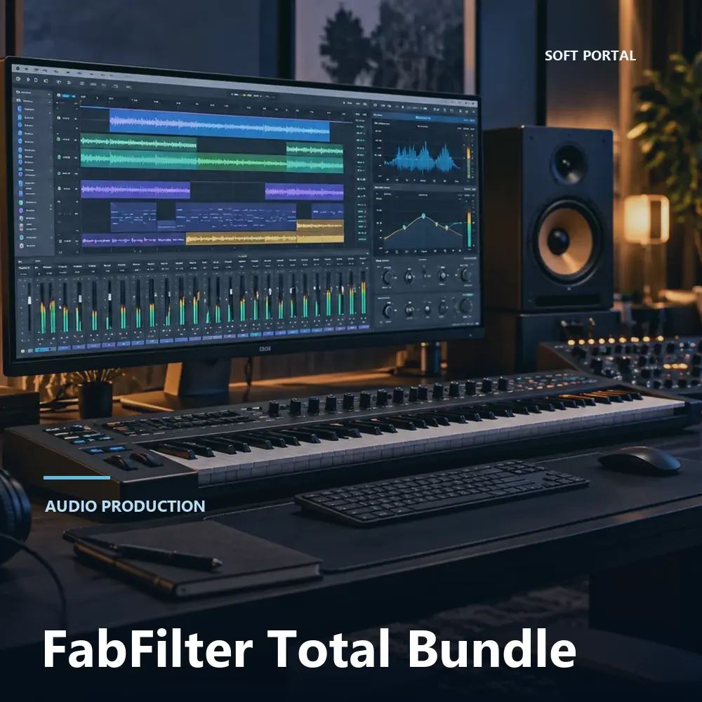 Editorial artwork for FabFilter Total Bundle in a Windows workspace