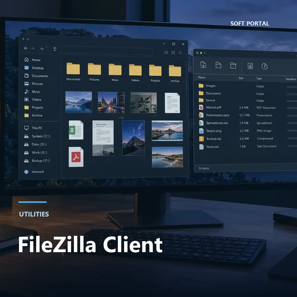 Editorial artwork for FileZilla Client in a Windows workspace