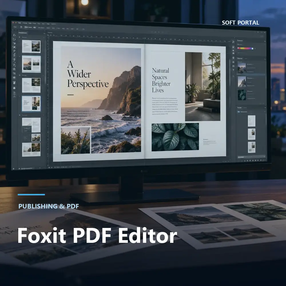 Editorial artwork for Foxit PDF Editor in a Windows workspace