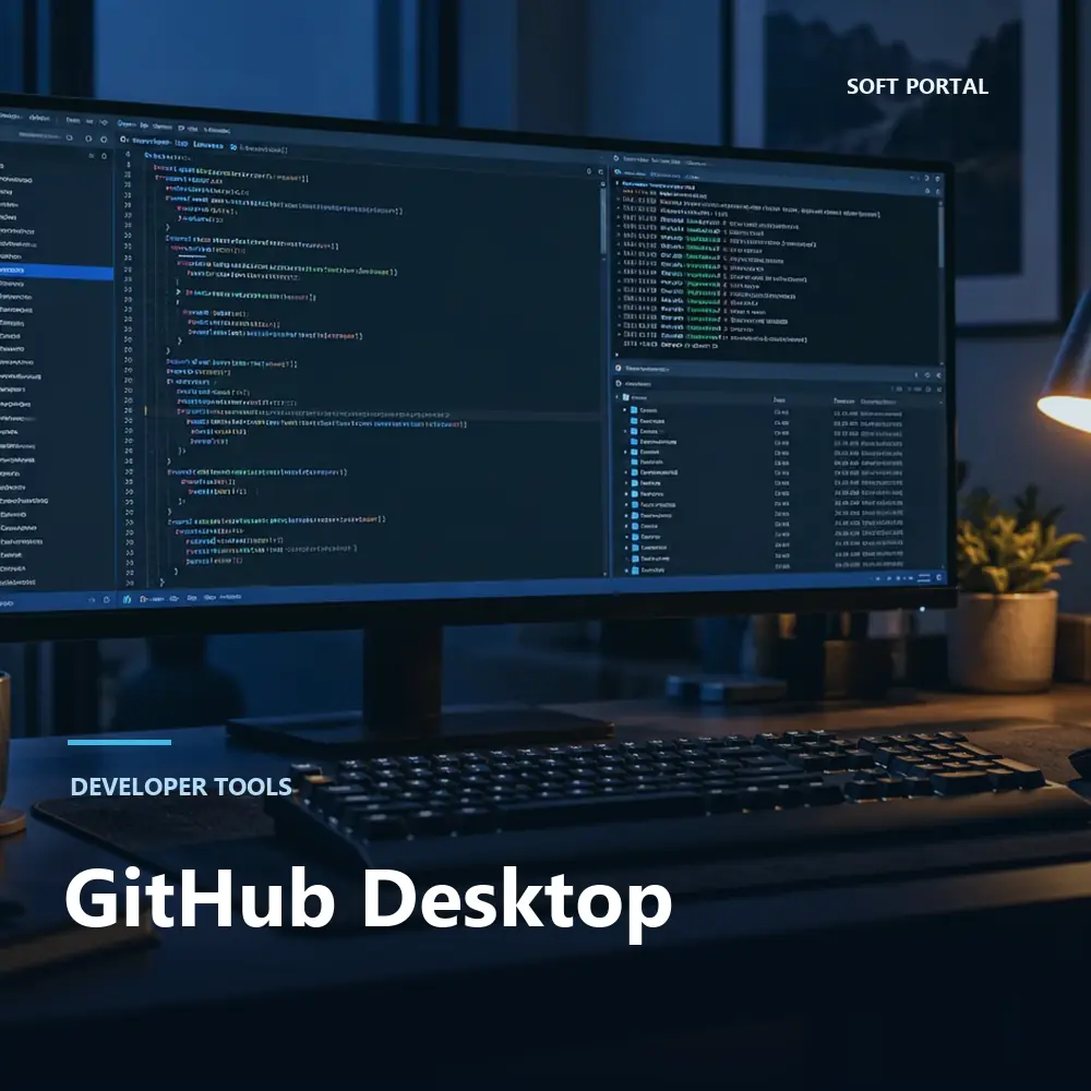 Editorial artwork for GitHub Desktop in a Windows workspace