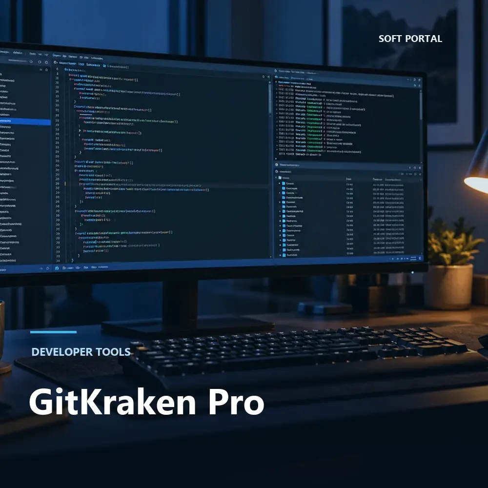 Editorial artwork for GitKraken Pro in a Windows workspace