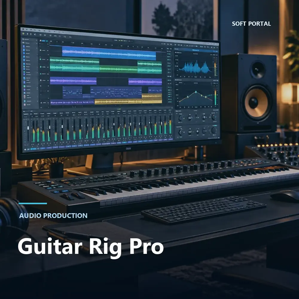 Editorial artwork for Guitar Rig Pro in a Windows workspace