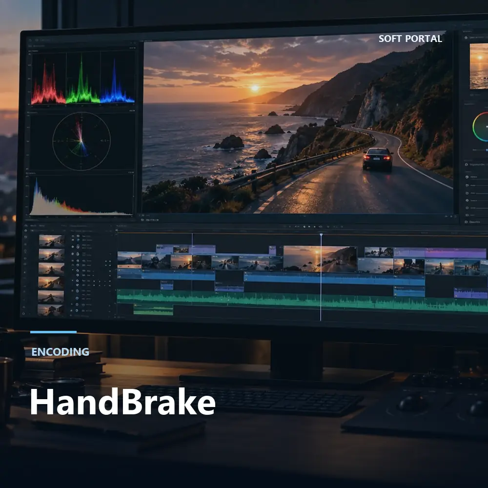 Editorial artwork for HandBrake in a Windows workspace