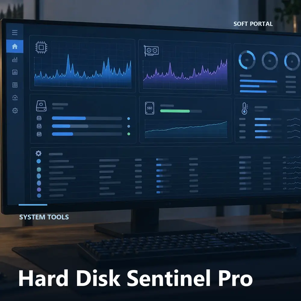 Editorial artwork for Hard Disk Sentinel Pro in a Windows workspace
