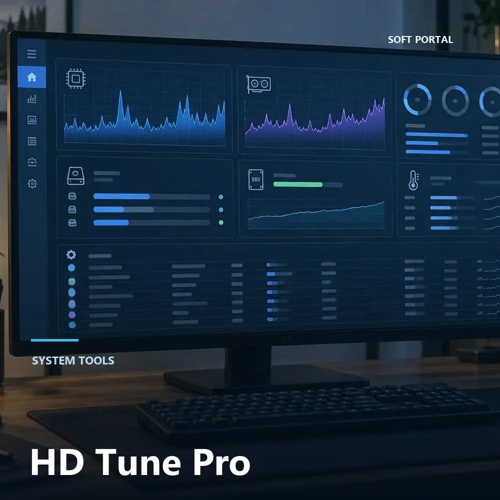 Editorial artwork for HD Tune Pro in a Windows workspace