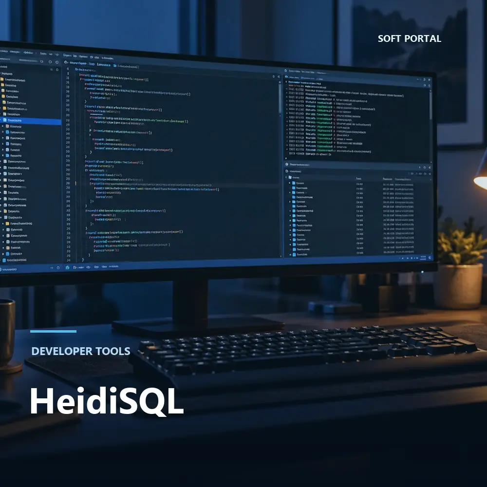 Editorial artwork for HeidiSQL in a Windows workspace