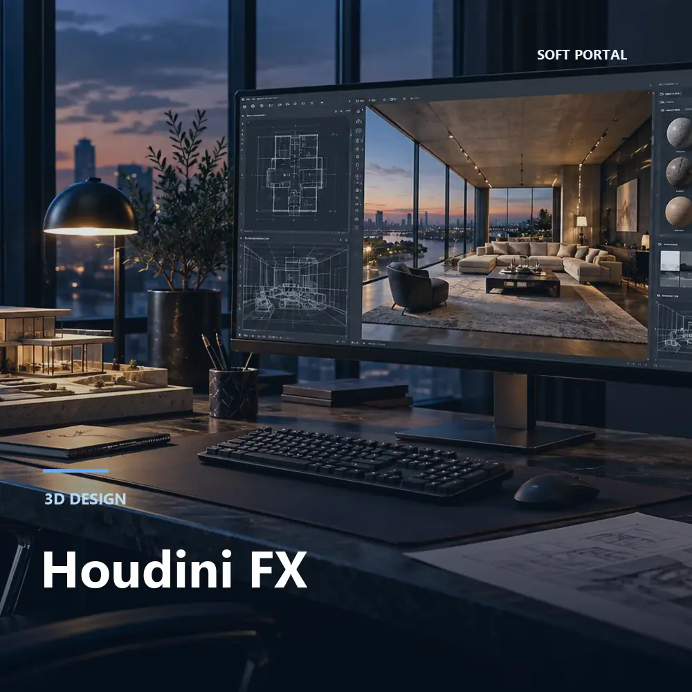 Editorial artwork for Houdini FX in a Windows workspace