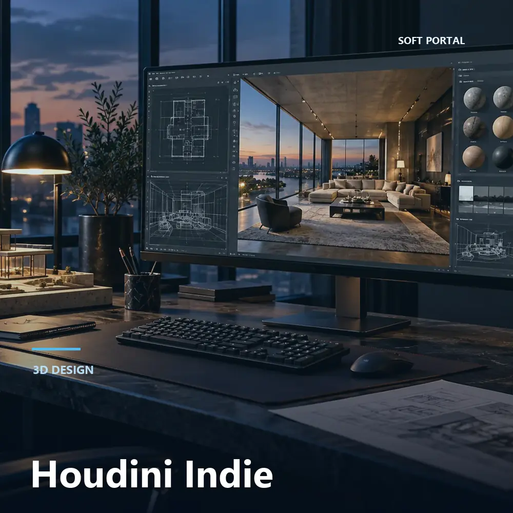 Editorial artwork for Houdini Indie in a Windows workspace