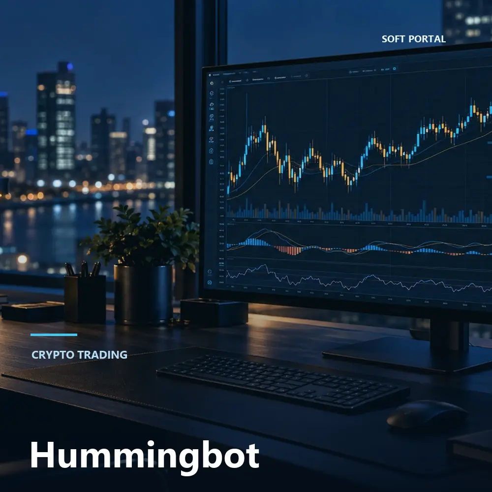 Editorial artwork for Hummingbot in a software workspace