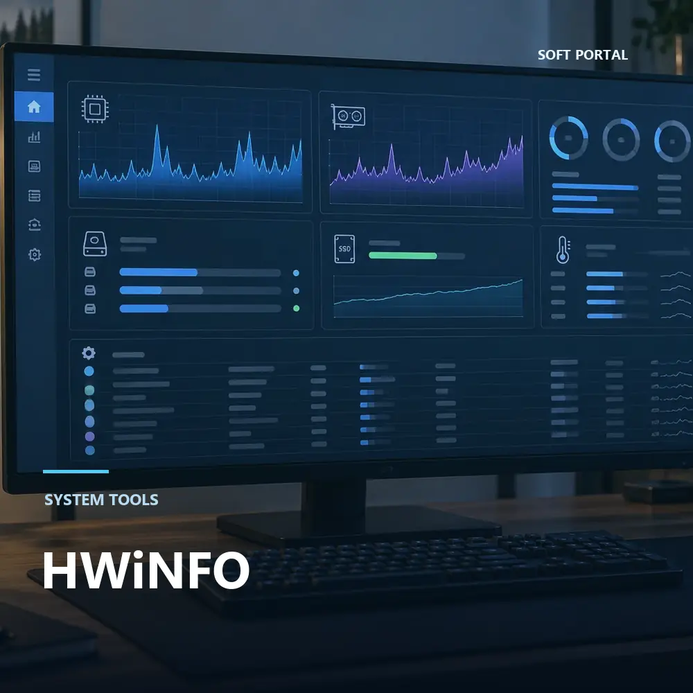 Editorial artwork for HWiNFO in a Windows workspace
