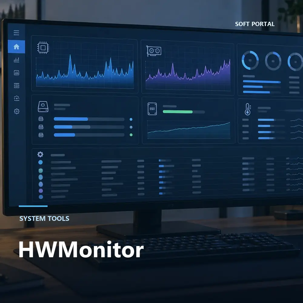 Editorial artwork for HWMonitor in a Windows workspace