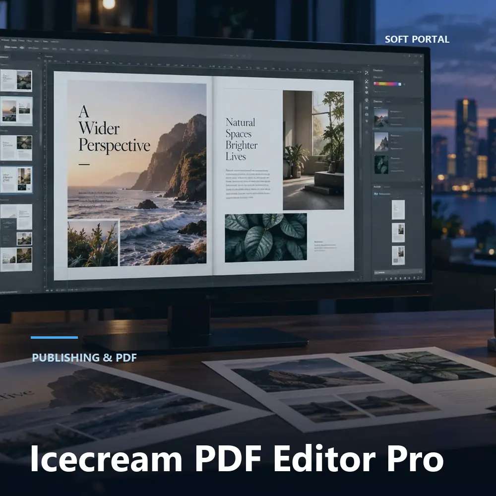 Editorial artwork for Icecream PDF Editor Pro in a Windows workspace