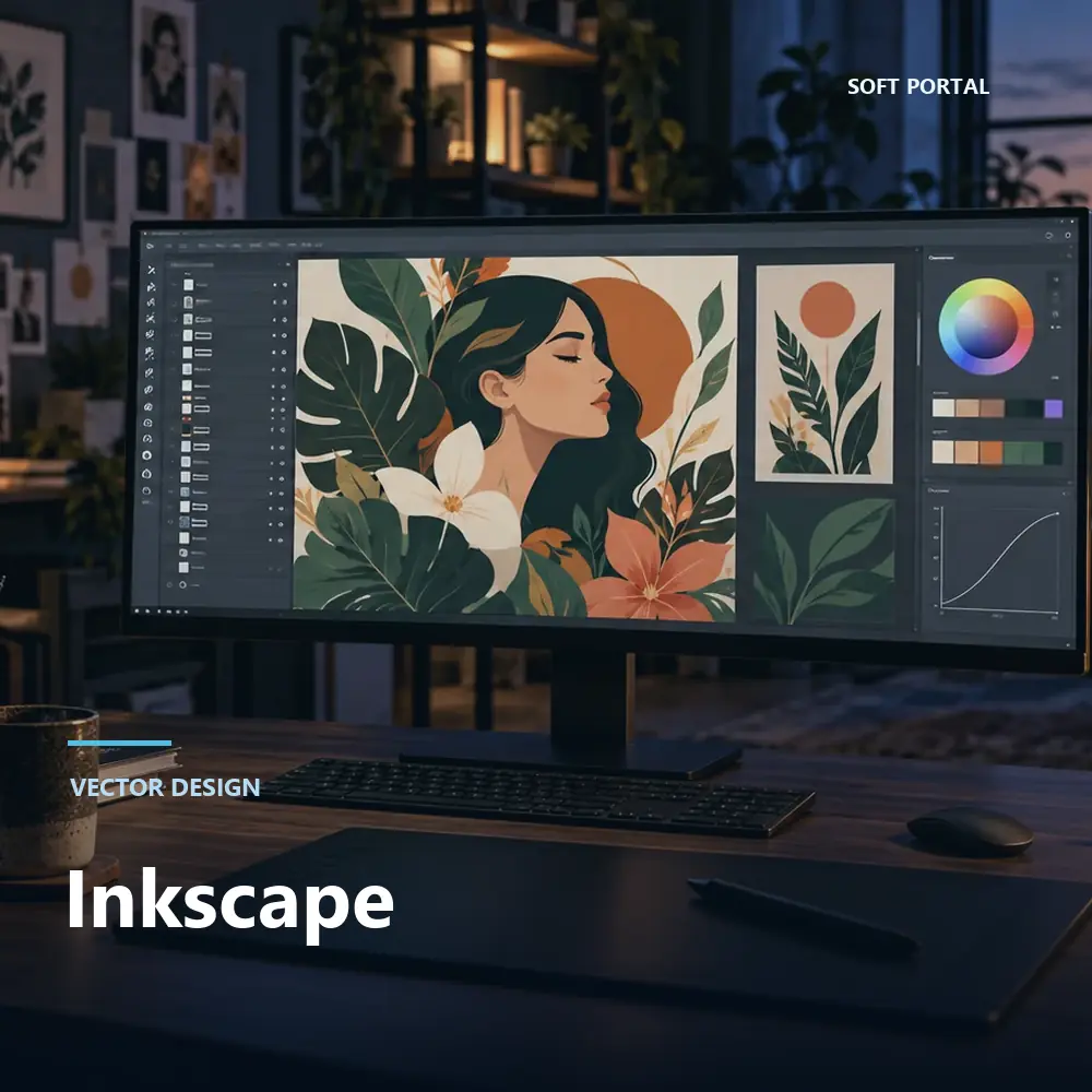 Editorial artwork for Inkscape in a Windows workspace