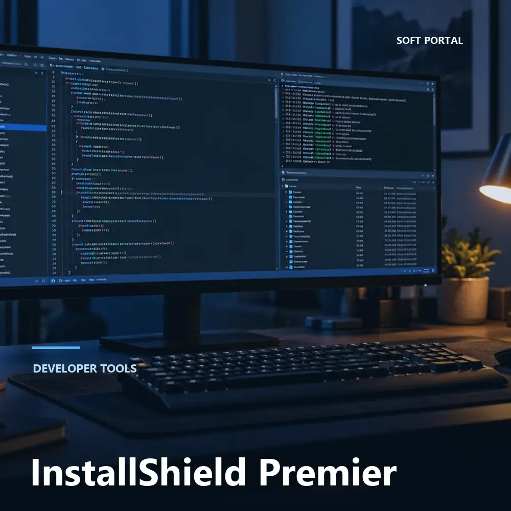 Editorial artwork for InstallShield Premier in a Windows workspace