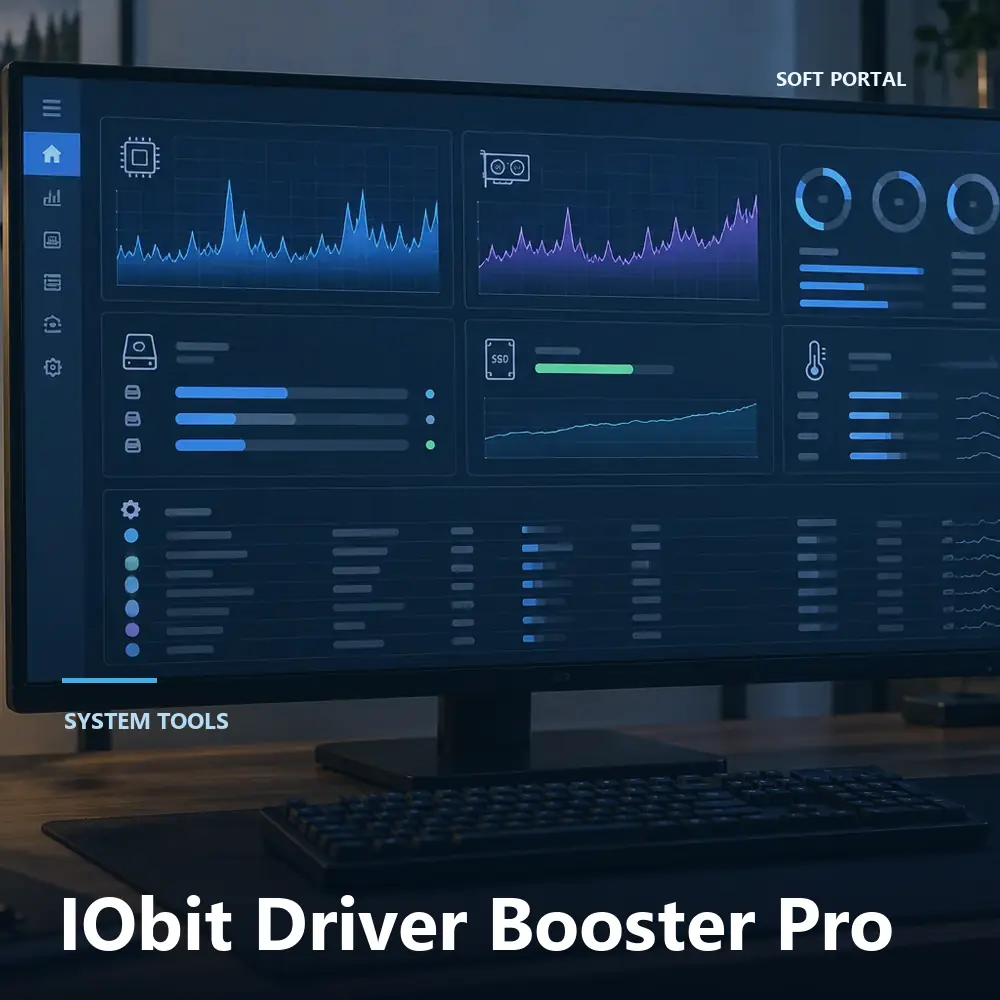 Editorial artwork for IObit Driver Booster Pro in a Windows workspace
