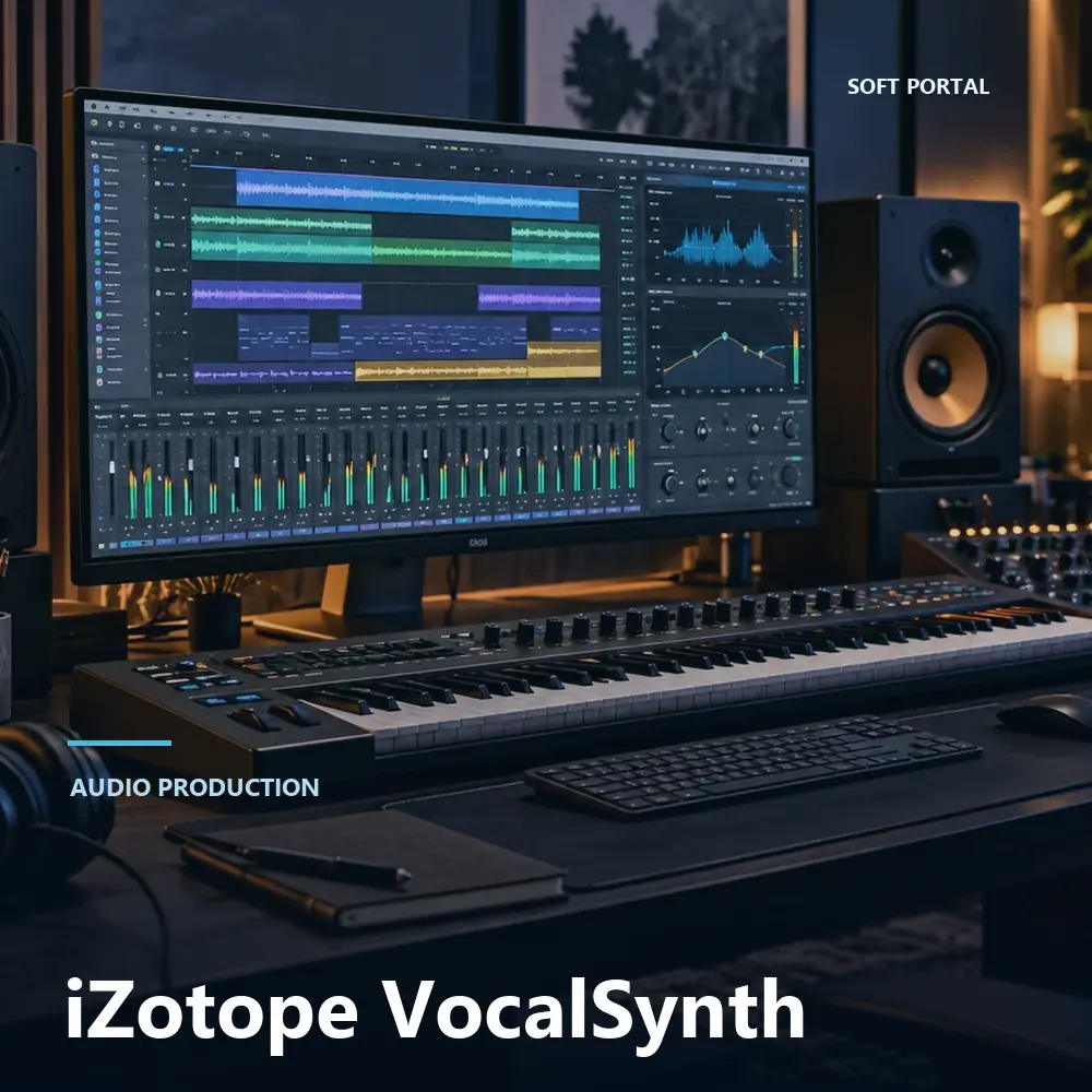 Editorial artwork for iZotope VocalSynth in a Windows workspace