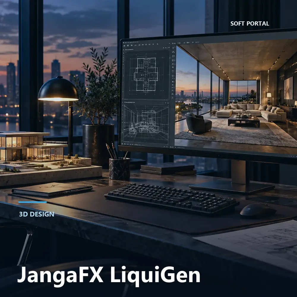 Editorial artwork for JangaFX LiquiGen in a Windows workspace