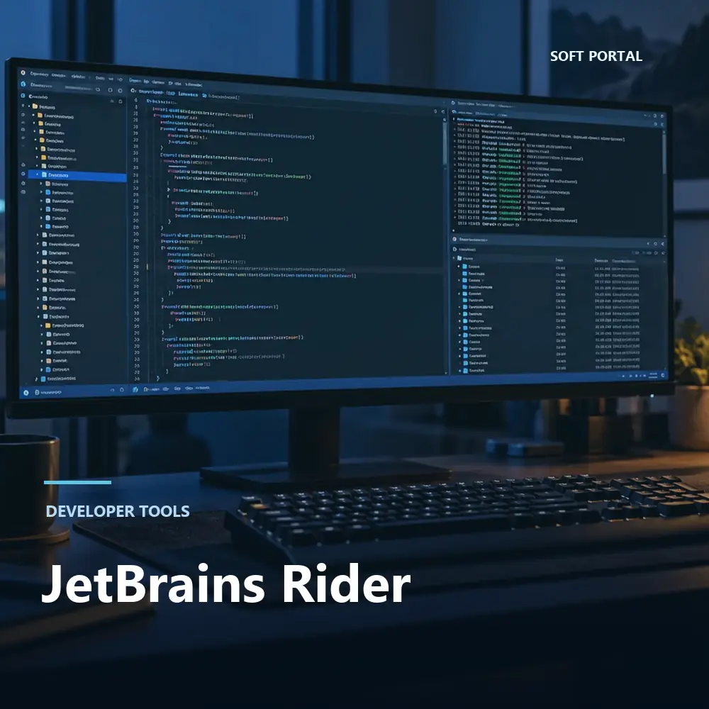 Editorial artwork for JetBrains Rider in a Windows workspace