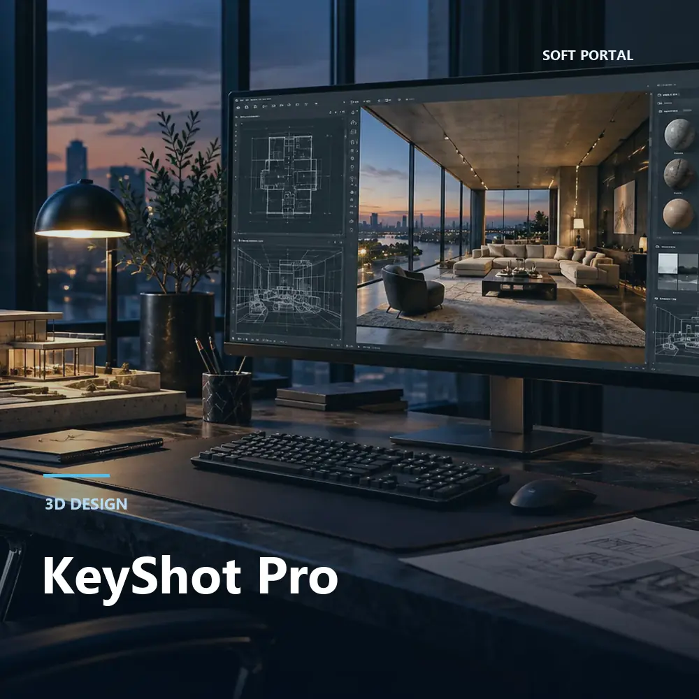 Editorial artwork for KeyShot Pro in a Windows workspace