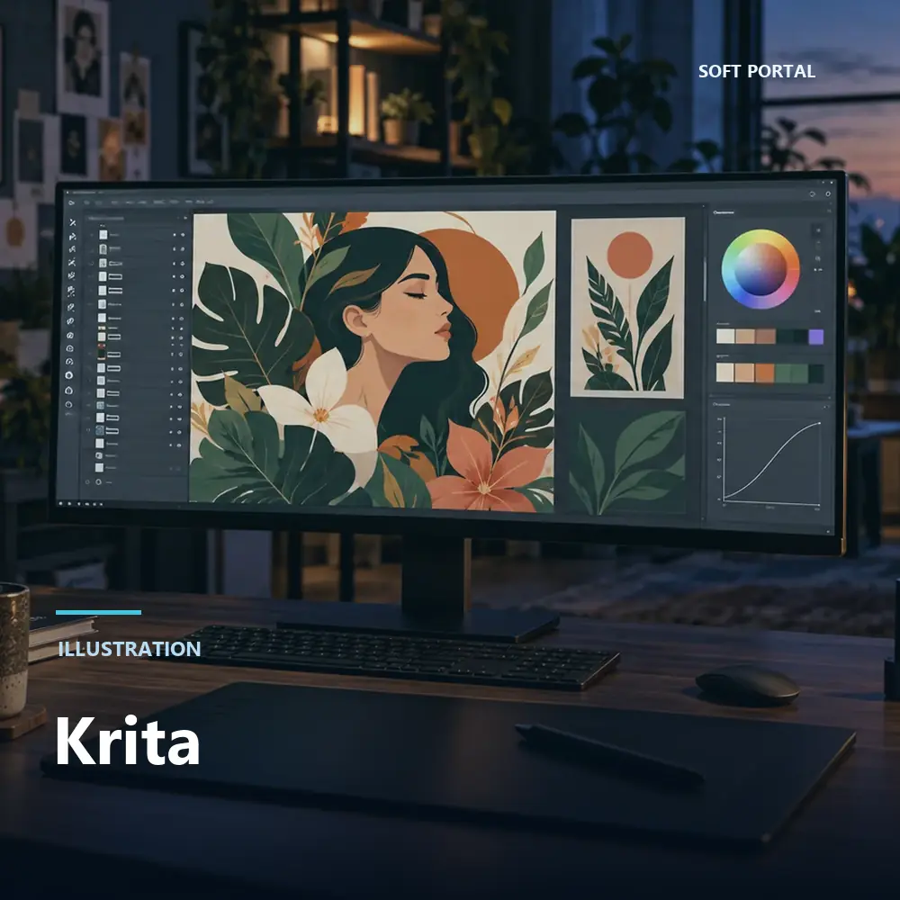 Editorial artwork for Krita in a Windows workspace