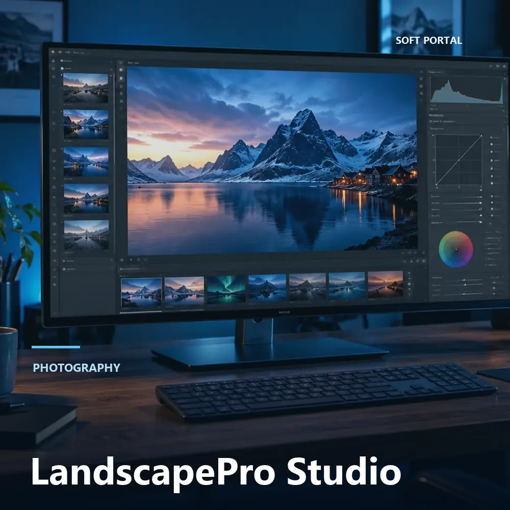 Editorial artwork for LandscapePro Studio in a Windows workspace