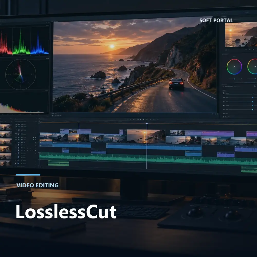 Editorial artwork for LosslessCut in a Windows workspace