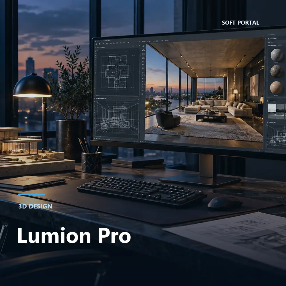 Editorial artwork for Lumion Pro in a Windows workspace