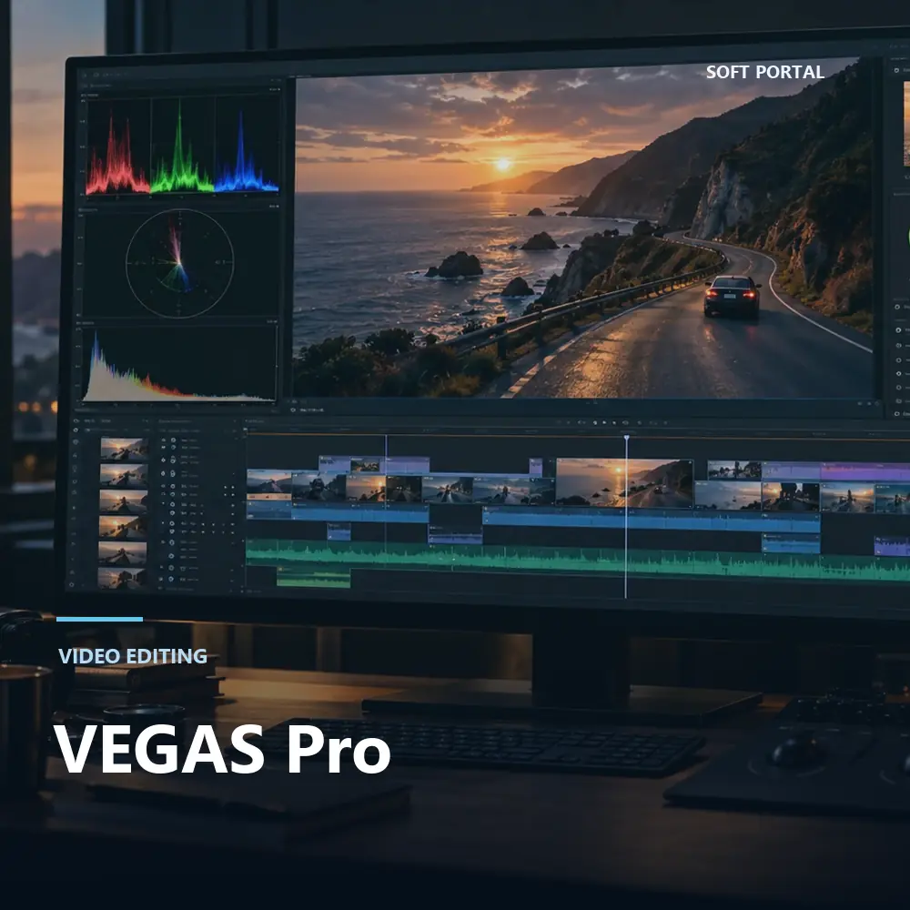 Editorial artwork for VEGAS Pro in a Windows workspace