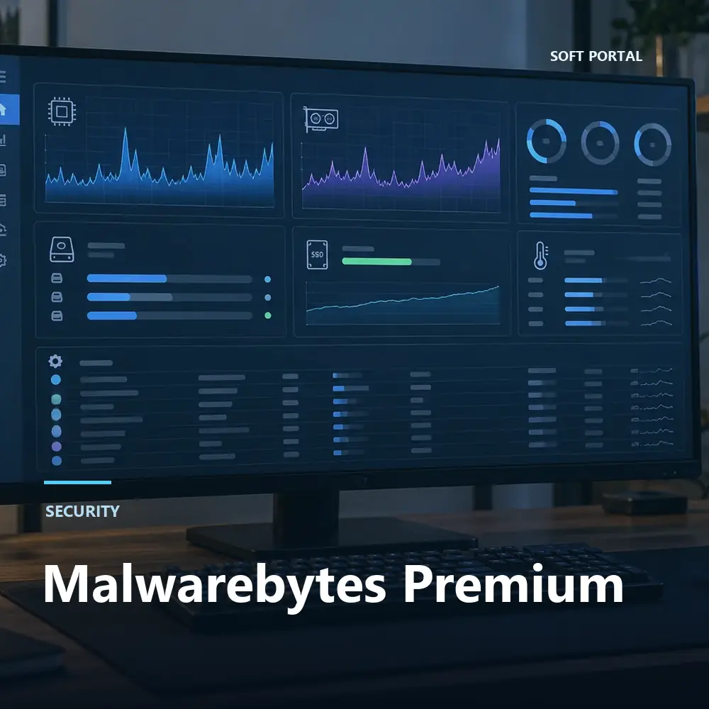 Editorial artwork for Malwarebytes Premium in a Windows workspace