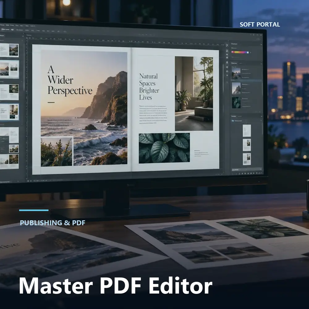 Editorial artwork for Master PDF Editor in a Windows workspace