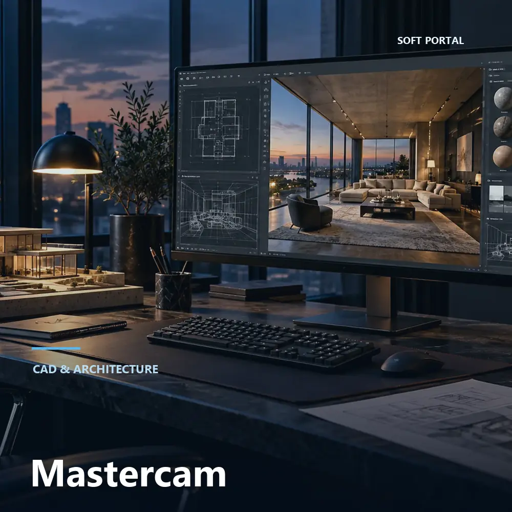 Editorial artwork for Mastercam in a Windows workspace