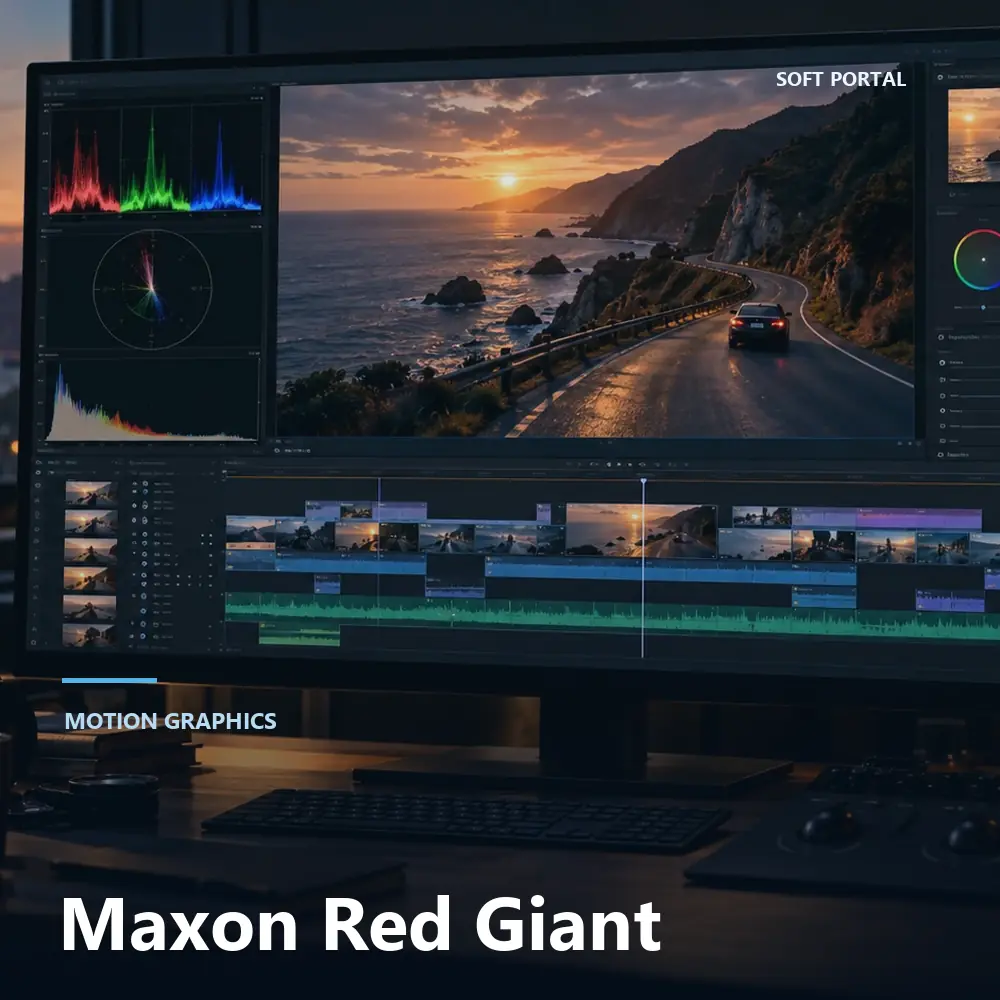 Editorial artwork for Maxon Red Giant in a Windows workspace