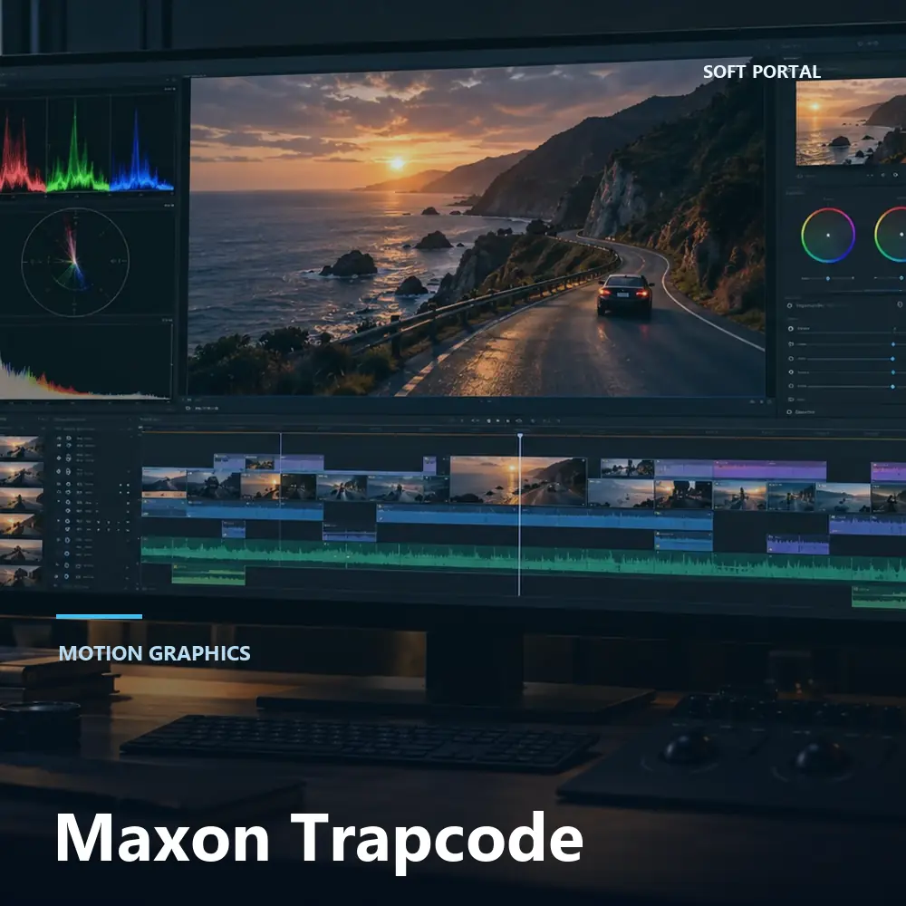 Editorial artwork for Maxon Trapcode in a Windows workspace
