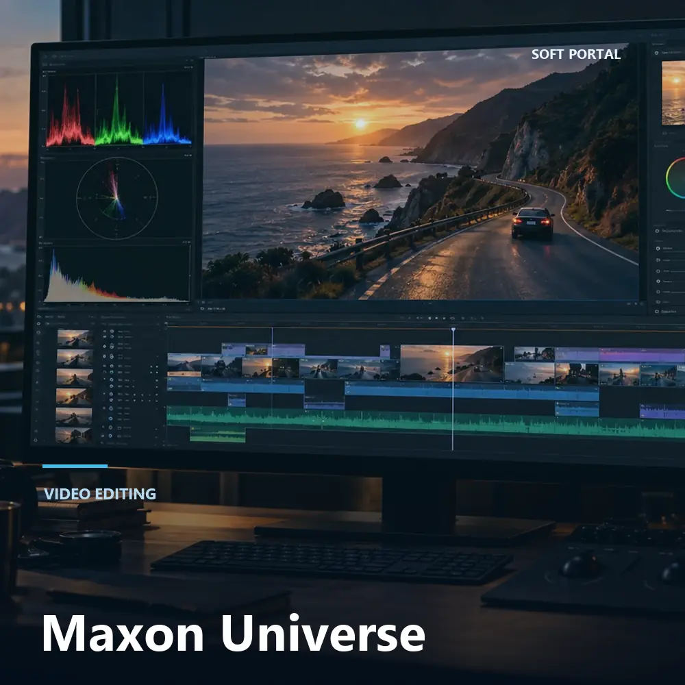 Editorial artwork for Maxon Universe in a Windows workspace