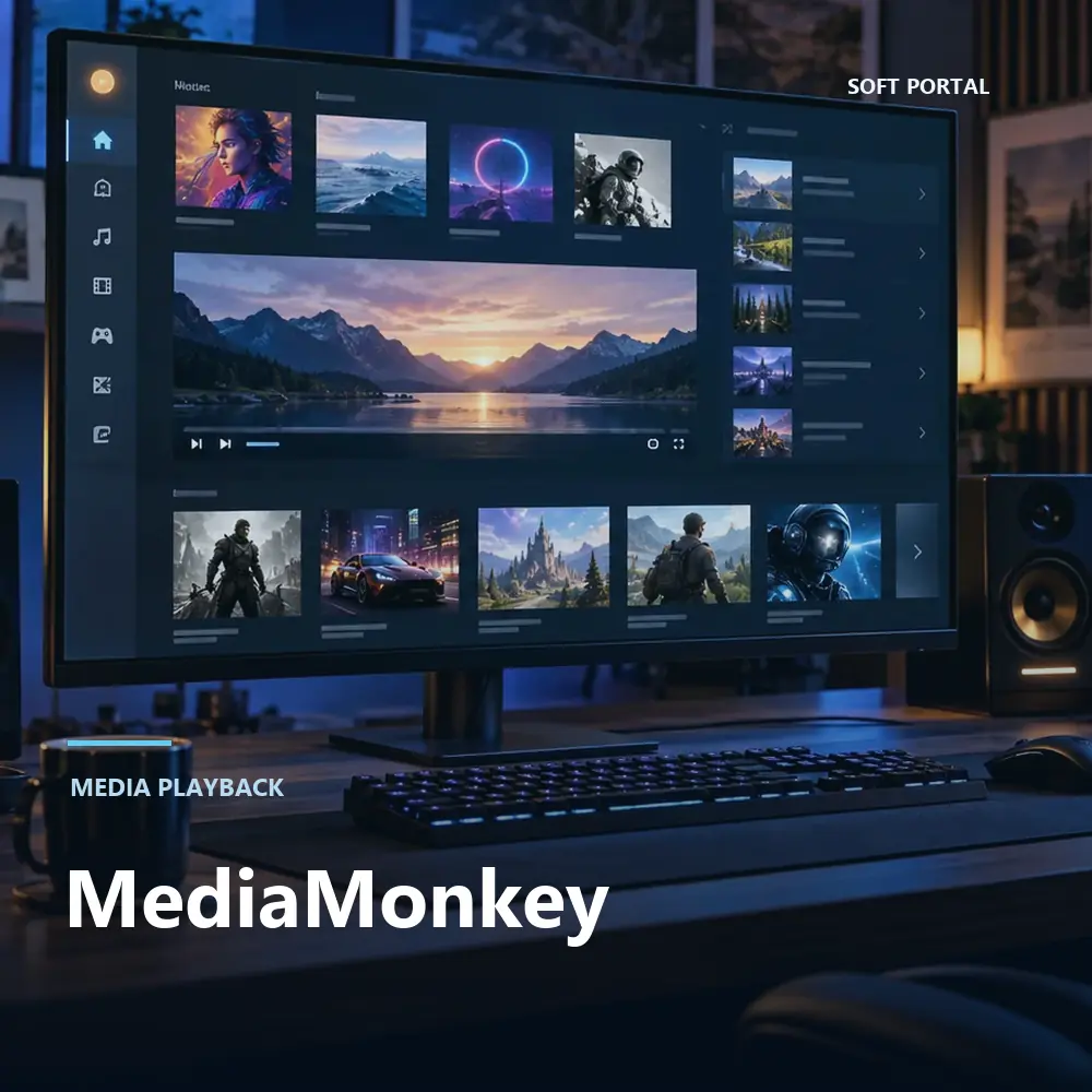 Editorial artwork for MediaMonkey in a Windows workspace